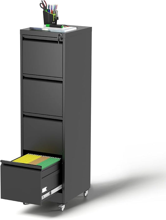 4 Drawer Mobile File Cabinet, Under Desk File Cabinet,Metal Filing Cabinets with Lock for Home Office Organizer Letter/Legal/A4,Require Assembly (Black)