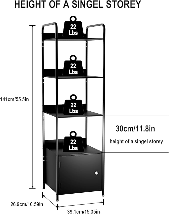 5-Tier Book Shelf with Storage Cabinet, Freestanding Bookcase, Industrial Book Organizer Shelf for Living Room, Bedroom, Home Office, Rustic Brown Wood and Metal Design (Black, 5-Tier)