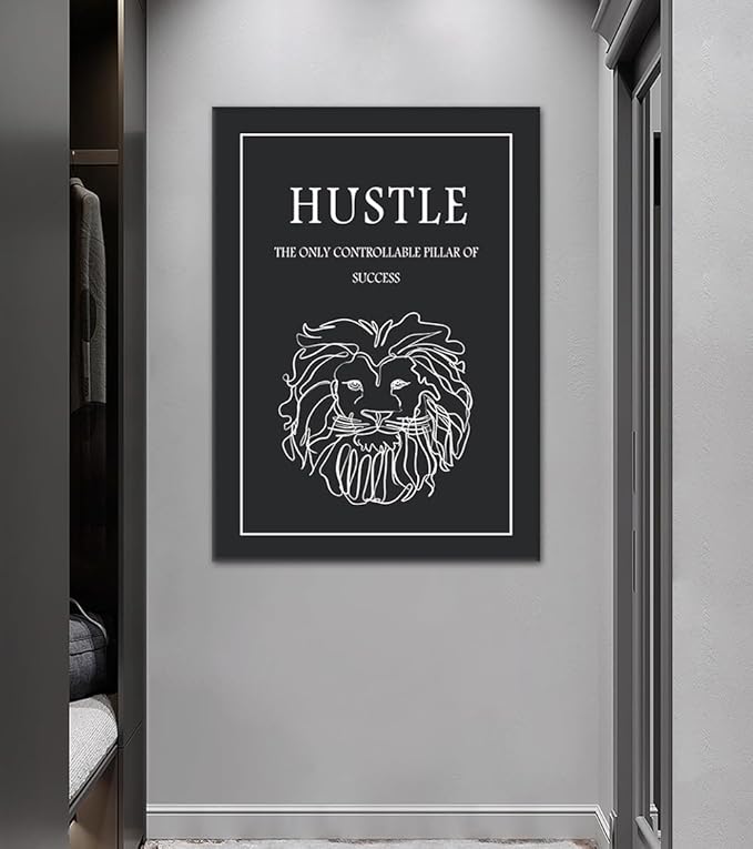 Hustle Wall Art - Motivational Lion Canvas Print, The Only Controllable Pillar of Success Inspirational Office Wall Decor, Modern Black and White Painting for Home Gym Living Room, Framed 24"x36"
