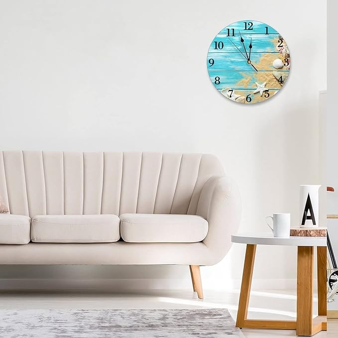 sea Shells Wooden Board Background Wall Clock Battery Operated Silent Round Clock Wall Decor for Home Office School, 12 Inch