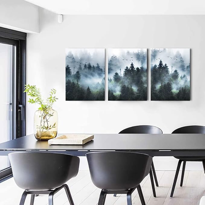 DZRWUBHS Canvas Wall Art - Modern Family Decor For Living Room, Bedroom & Office - Foggy Forest Trees Landscape Wall Painting - 3 Piece Set