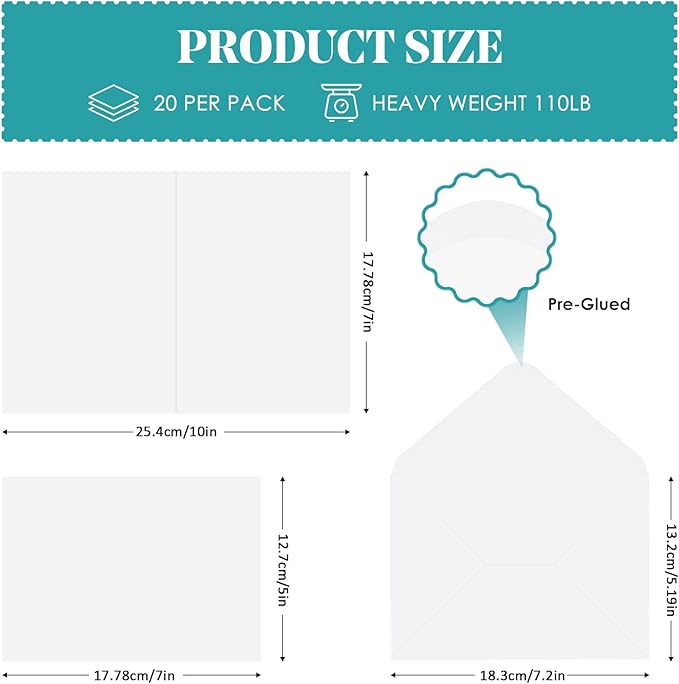 Heavyweight 5 X 7 Blank White Cards and Envelopes A7 Printable Heavyweight Folded Cardstock 110LB Greeting Cards Envelops for Wedding Invitations Card Making, Photo Card, DIY Embroidery