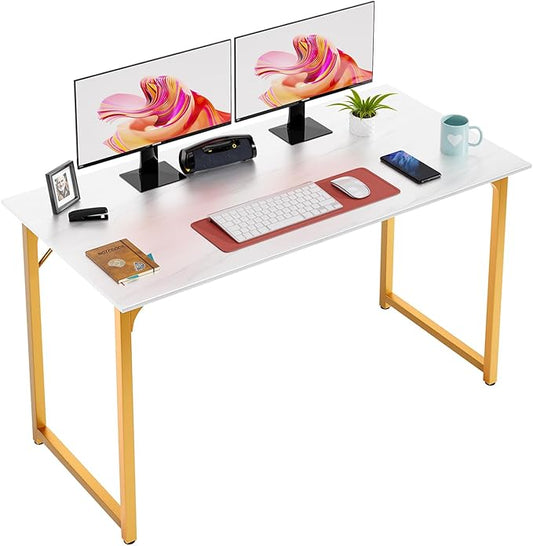 Dkelincs 47 Inch Computer Desk Home Office Desk Gaming Writing Desk Modern Simple Style Study Work Table with Metal Frame, Large Legroom, Adjustable Feet, Water-Resistant, Scratchproof Surface, Gold