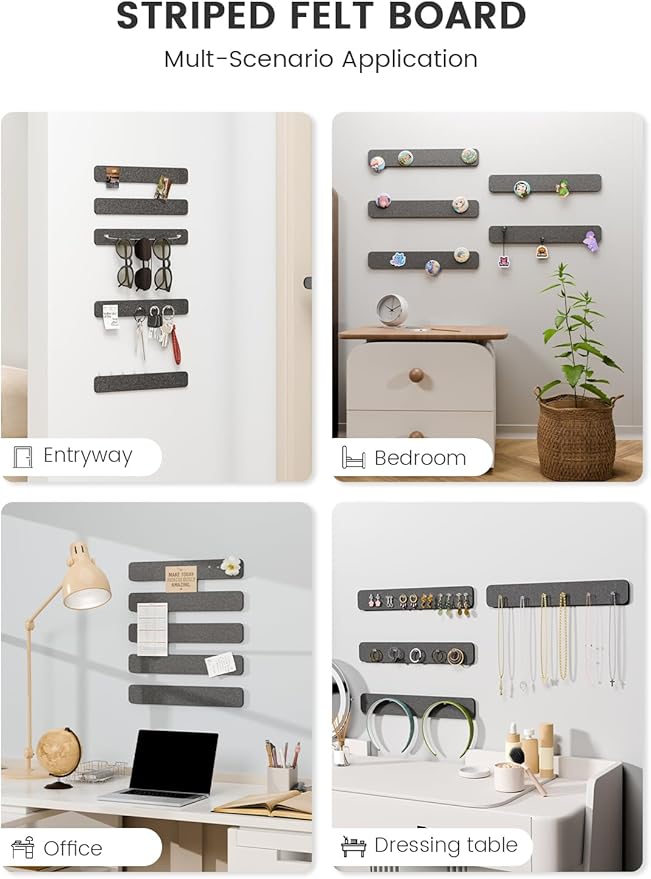 Fluxynara Cork Board Alternative Felt Strip Board 5-Pack 13"x2", Office Pin Board with 35 Push Pins, Adhesive Install for Bedroom Door & Home Office(Charcoal Gray)