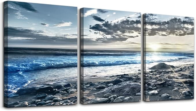 Lapremoly Canvas Wall Art For Living Room Framed Wall Decor For Bedroom Office Decorations Blue Beach Seascape Wall Pictures Ocean Landscape Painting Poster Prints Artwork Home Walls Decor 3 Piece