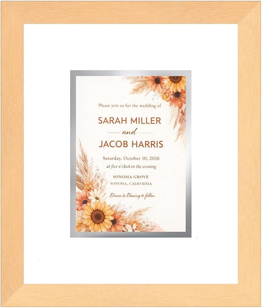 Poster Palooza Wedding Invitation Display Frame 11.25x13.25 in Natural With White and Metallic Silver Double Mat for 5.5x7.5 Boutique Keepsake | USA Made