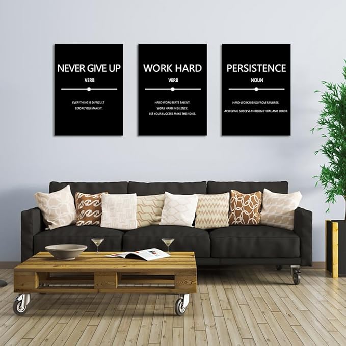 Unbruvo Inspirational Canvas Wall Art, Motivational Office Wall Decor, 3 Pieces Black Never Give Up Positive Quotes Wall Art for Workplace Living Room Bedroom(60''Wx 28''H)