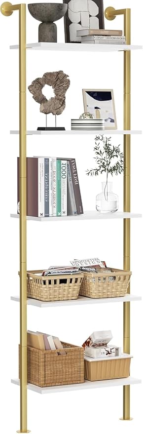 5-Tier Bookshelf Solid Wood Ladder Shelf, Narrow Book Shelf Display Shelf, Wooden Bookcase, Wall Mount Ladder Shelf, Storage Rack for Living Room, Bedroom, Bathroom, White and Gold