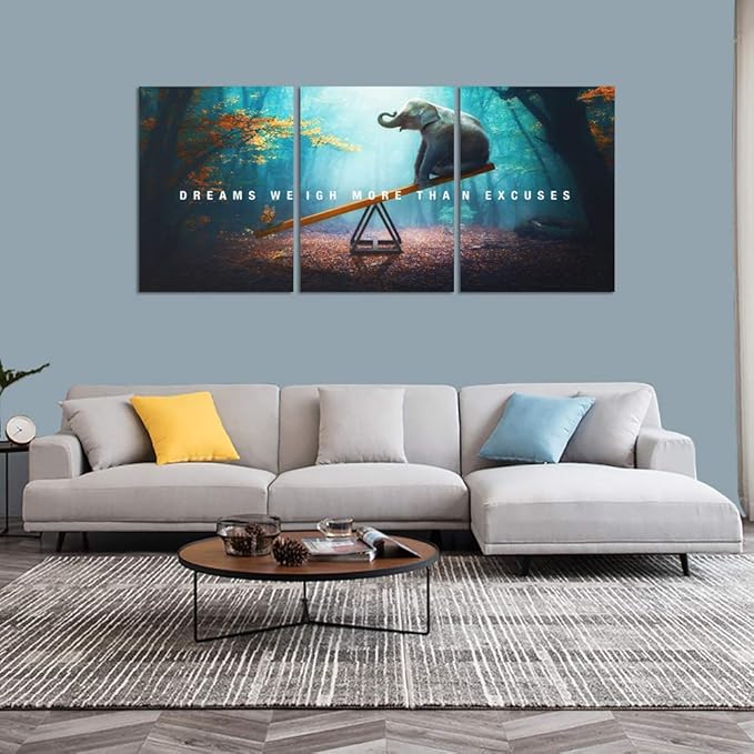 Unbruvo Elephant Wall Art for Office, Motivational Inspirational Canvas Wall Art, 3 Pieces Elephant Painting Prints Wall Decor for Living Room Bedroom Classroom Dorm(60”Wx28”H)