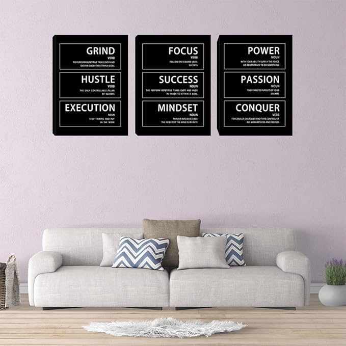 3 Piece Motivational Hustle Grind Execution Wall Art Quotes Wall Decor Office Art Inspirational Success Mindset Conquer Canvas Wall Art Poster Prints Office Decor - 48" W x 24" H