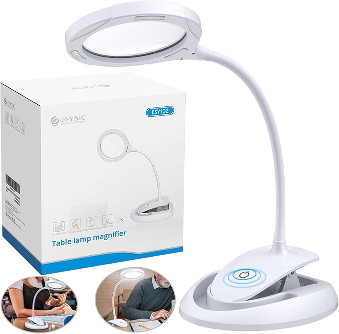 eSynic Lighted Magnifying Glass with Stand-USB-C Rechargeable-5X&10X Magnification-4.3" Large Lens-Desk Magnifier Lamp With Clamp & Heavy Base-3 Levels Brightness-Flexible Gooseneck for Reading Crafts