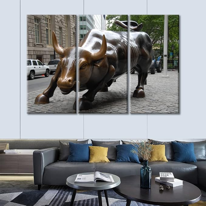 TUMOVO Large Canvas Wall Art 3 Panel America Bull Statue Poster Photography Print On Canvas Pictures for Home Decorations Office Wall Decor Stretched and Framed Ready to Hang, 60" Wx40 H