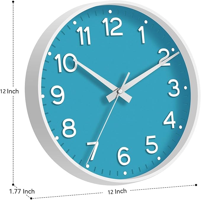 Wall Clock 12 Inch Silent Wall Clocks Battery Operated-Modern Non Ticking Analog Clock Decorative for Kitchen Bedroom Office (Blue)