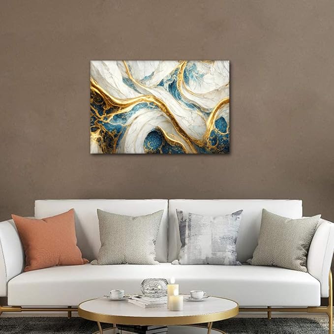 Abstract Canvas Wall Art Decor Blue Gold and White Colors Marble Art Poster Prints Modern 1 Panel Canvas Wall Artwork for Native Americans Living Room Home Decor Stretched Ready to Hang 24x16 in