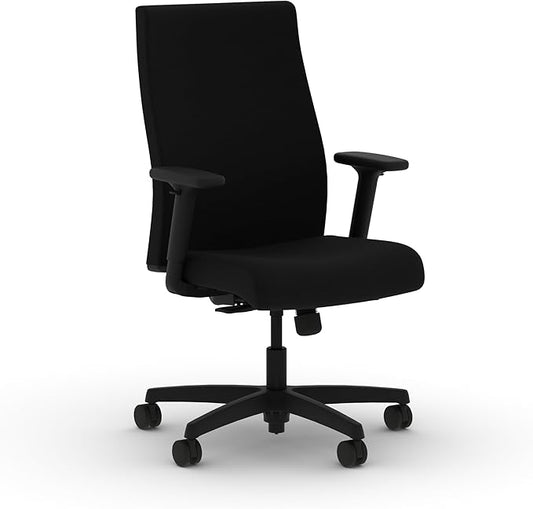 HON Ignition 2.0 Fabric Office Chair, Upholstered, Adjustable Arms, Standard Synchro-Tilt Recline Executive Ergonomic Office Chair, Black Frame, Black