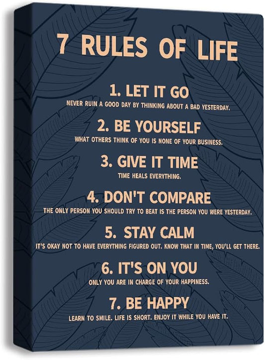 7 Rules Of Life Canvas Decoration Painting, Suitable For Office, School, Library,Home (29x38cm) Framed (Blue-7)