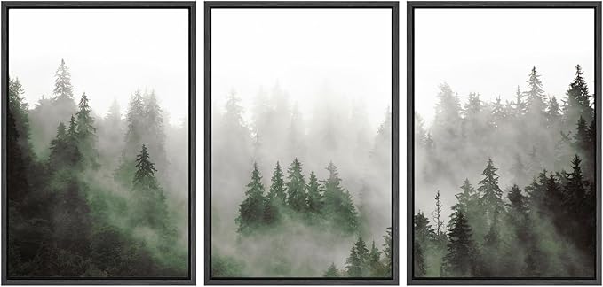SIGNWIN Framed Canvas Print Wall Art Woodland Nursery Decor Set Fog & Mist Over Green Pine Tree Forest Nature Wilderness Modern Art Chic Landscape for Living Room, Bedroom, Office - 24"x36"x3 Black