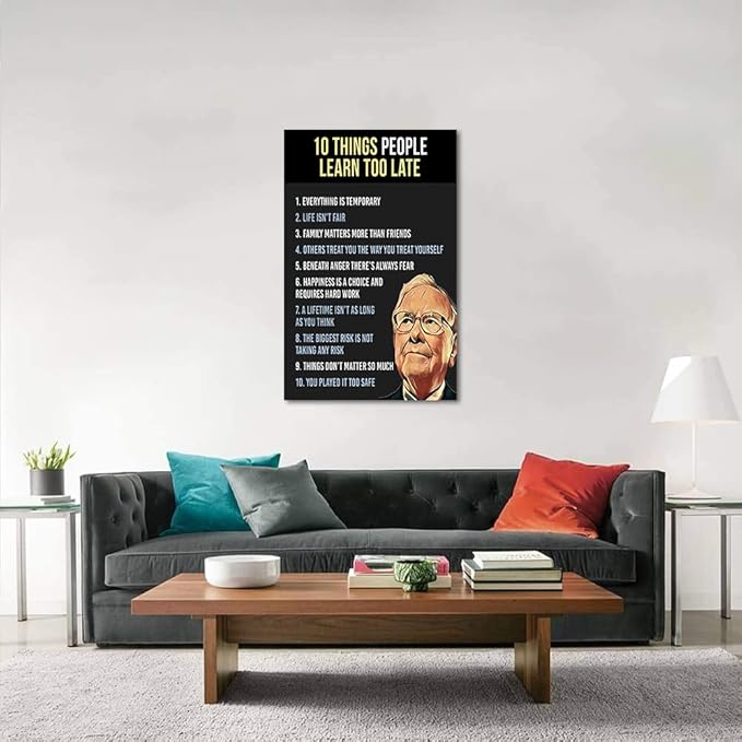 Warren Buffett Quotes Ten Things People Learn Too Late Motivational Office Wall Art Poster and Print Inspirational Home Wall Decoration Pictures Framed 28" Wx44 H