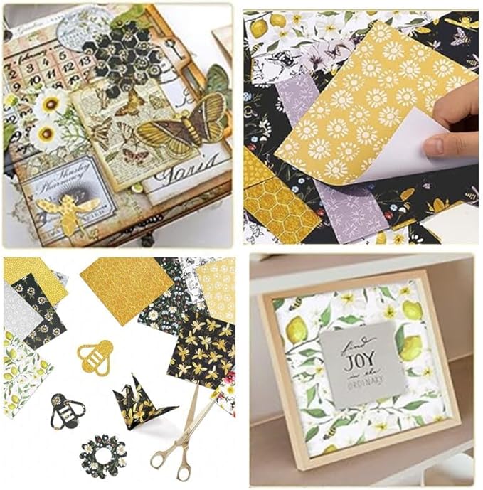 Honey Bee Flower Scrapbook Pad – 24 Sheets 6x6 Single-Side Craft Sheets for Card Making, Journals, DIY Projects, Vintage Yellow Black Floral Designs