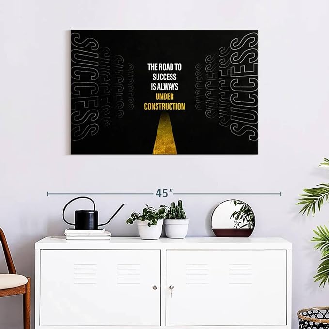 ElephantStock - Work On Your Road To Success Wall Art - Horizontal Canvas Wall Art - Home Office Wall Decor - Digital Art Inspirational And Typography Canvas Art - Black And White Decor - 36" x 24"