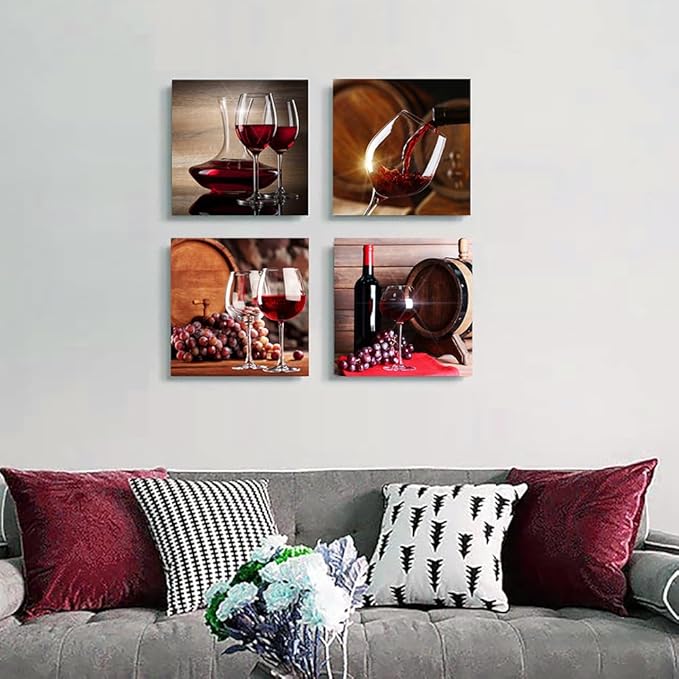 Lapremoly Dining Room Wall Decor Canvas Art for Kitchen - 4 Piece Wine Glass Painting - Modern Still Life Frame Pictures for Bar, Restaurant - Vintage Home Decor Ready to Hang