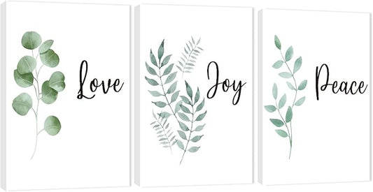 3 Piece Inspirational Wall Art, White Plants Background Picture, Quotes "Love Joy Peace" Canvas Print for Bedroom Decor, Triptych Entrepreneur Painting Framed Artwork for Gym Wall Decor (48"Wx24" H)