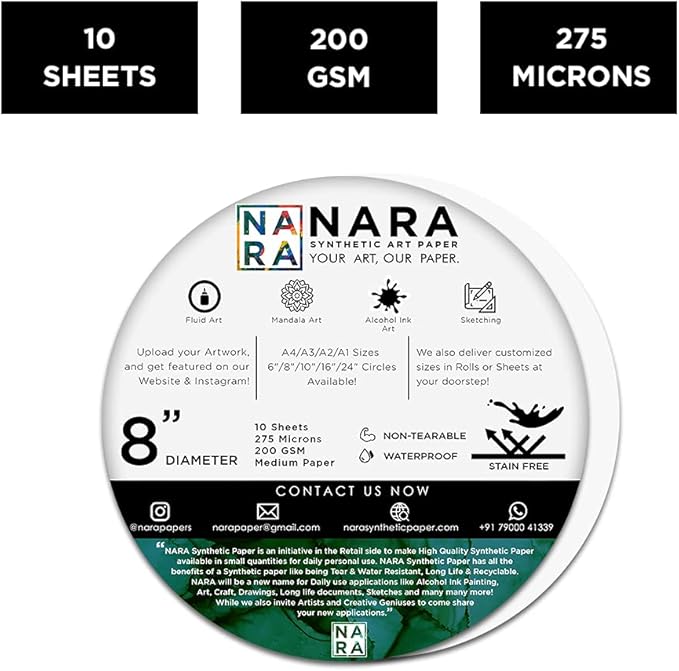 NARA Alcohol Ink Paper | White | 8" Circle | 275 Microns/200 GSM | 10 Sheets | Medium | Stain-Free