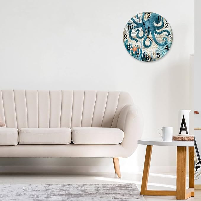 Blue Octopus Nautical Map Wall Clock Battery Operated Silent Round Clock Wall Decor for Home Office School, 12 Inch