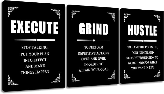 Inspirational Canvas Wall Art Entrepreneur Positive Quotes Poster Print Execute Grind Hustle Motivational Office Wall Decor Suitable for Bedroom Living Room Gym Classroom Easy to Hang [36''Wx16''H]