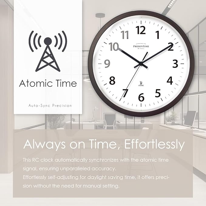 Presentime & Co 10" Atomic Wall Clock, Silent no Ticking, Automatically Sets Itself and Adjust to Daylight Saving Time by WWVB - Oil Rubbed Bronze Finish. (Home Office)