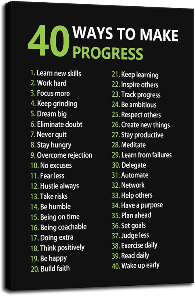 Motivational Wall Art Inspirational Entrepreneur Quotes 40 Ways to Make Progress Canvas Posters Painting Prints Artwork Modern Inspiring Office Gym Library Decorations Framed [24''W x 36''H]
