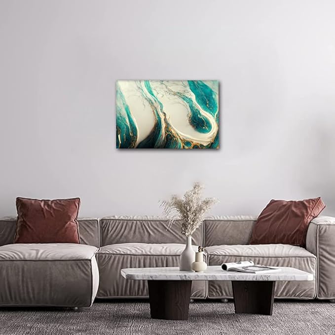 Abstract Wall Decor for Men 1 Panel Canvas Artwork Modern Gold and Teal Prints on Canvas Fashion Marble Texture Picture Printing for Bedroom Restaurant Corridor Office Wall Art Decoration 18x12 in