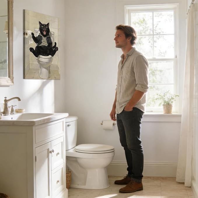 Framed Funny Black Cat Bathroom Decor Modern Bathroom Wall Art, Humor Black Cat Sitting on Toilet Cathching Toilet Paper Roll Wall Decor, Animals Posters Paintings Print Decoration 28x40 Inches