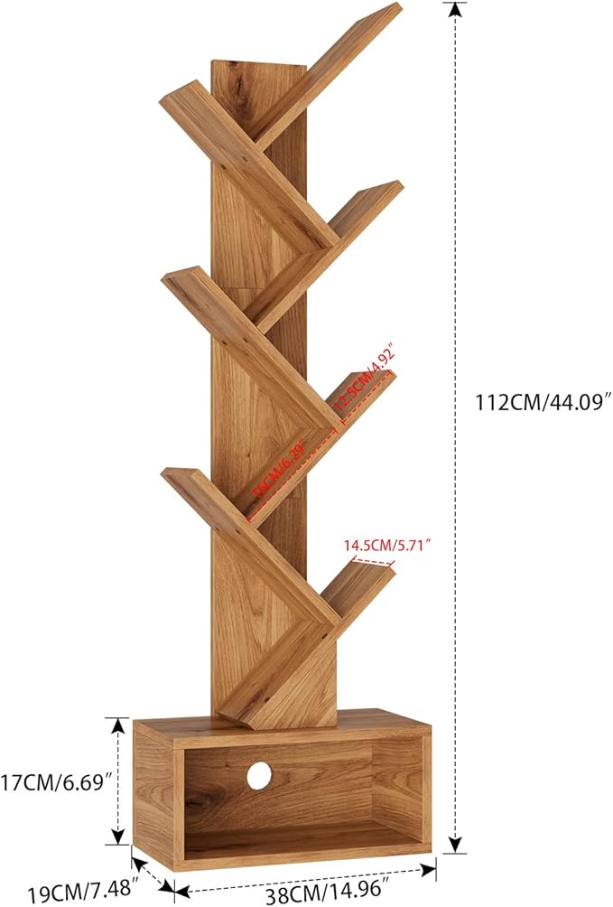 YMYNY 6 Tier Tree Bookshelf, Tall Bookcase, Wood Book Storage Rack with Drawer, Modern Floor Standing Book Shelf for Books/Movies/CDs, Utility Organizer for Living Room,Light Oak UHBC016K