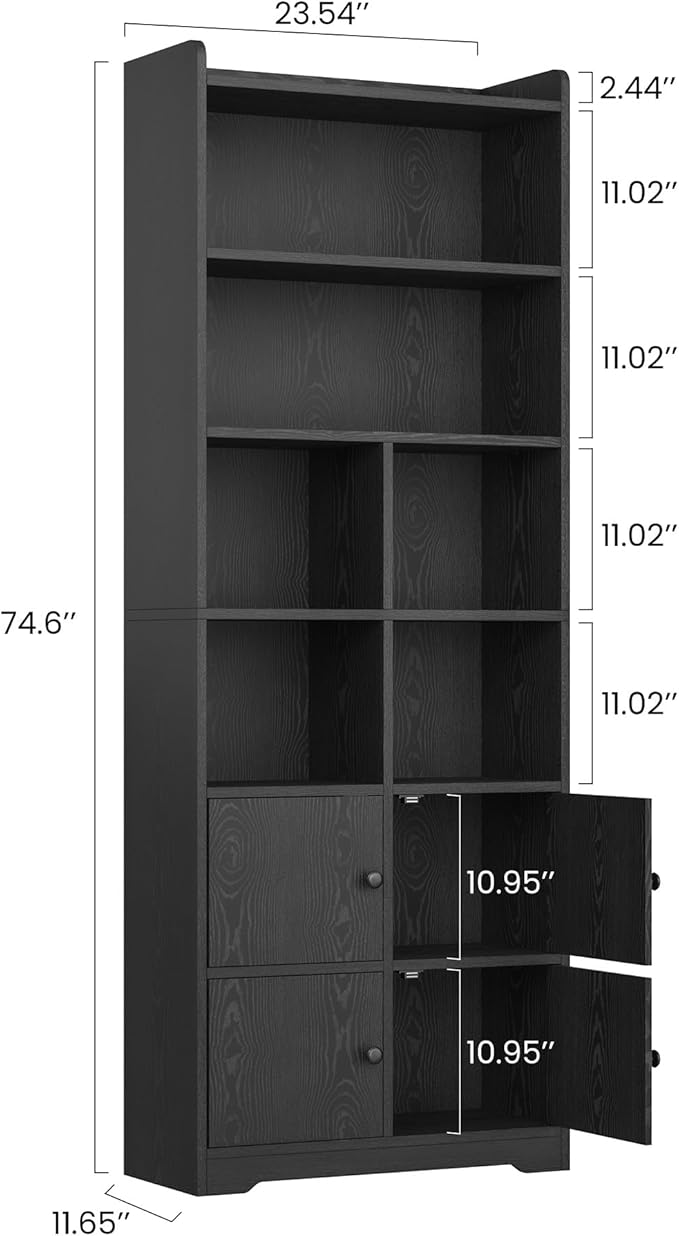 IRONCK Bookshelf with Doors, Book Shelf with Storage Shelves, 74.6 in Tall Bookcase for Home Office, Living Room, Bedroom, Black