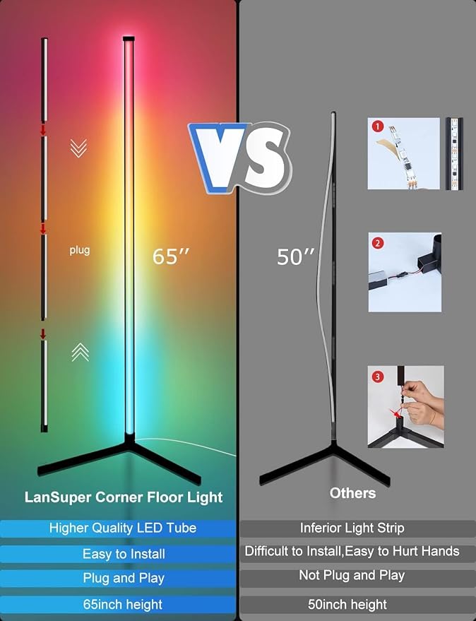 Corner Floor Lamp,65”Color Changing LED Floor Lamp with Music Sync,Modern Mood Lighting Corner Lamp with Remote&App Control,Creative DIY Mode&Timing,RGB Floor Lamps for Living Room Gaming Room-2PCs