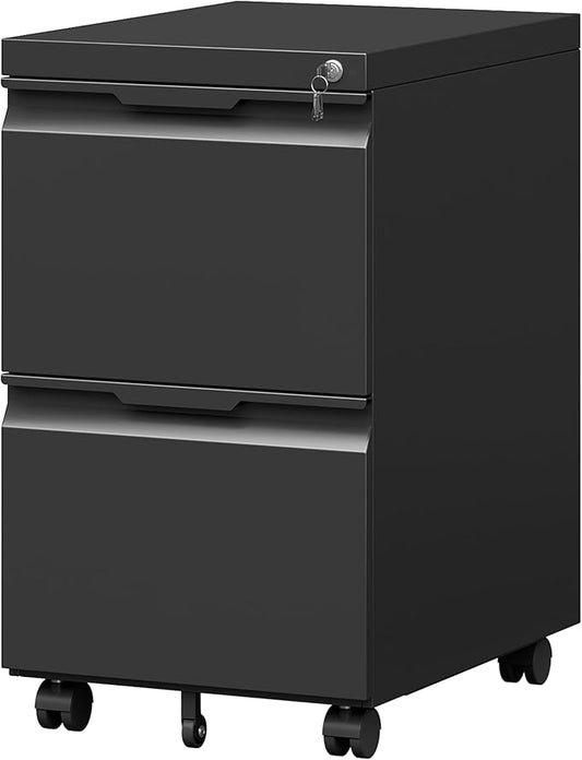 2 Drawer Metal Rolling File Cabinet with Lock, Under Desk Mobile Filing Cabinet for Home Office, Printer Stand with Casters Fits A4/Letter/Legal Size Documents, Black