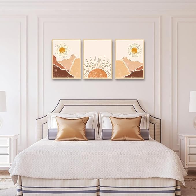 Natural Wood Framed Boho Wall Art for Bedroom, Living Room, Minimalist Office Decor - Abstract Mountain Sunshine Decorations Paintings Pictures for Girl Room Home Decor - 3 Piece