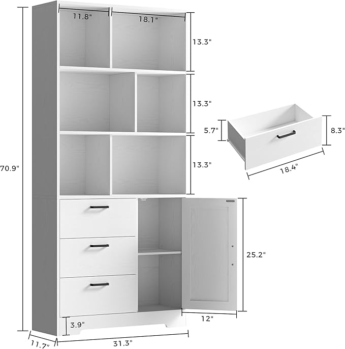 IRONCK Book Shelf with Doors and 3 Drawers 6-Tier Tall Bookcase 70.9 Inch with Storage Modern Bookshelf with 6 Open Cubes for Home Office, Living Room