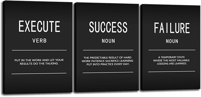Motivational Wall Art Painting Execute Verb Home Decor 3 Pieces Canvas Print Office Wall Decor Success Failure Noun Inspiring Poster Prints Inspirational Artwork Framed Ready to Hang [36" W X 16" H]