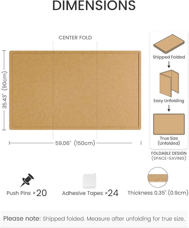 Fluxynara Large Bulletin Board, 59" x 35.4" Cork Board Alternative with 24 Safe Removable Adhesive Tabs, Foldable Felt Pin Board for Home Office, Classroom, Bedroom,Entryway for Walls— Mustard Yellow