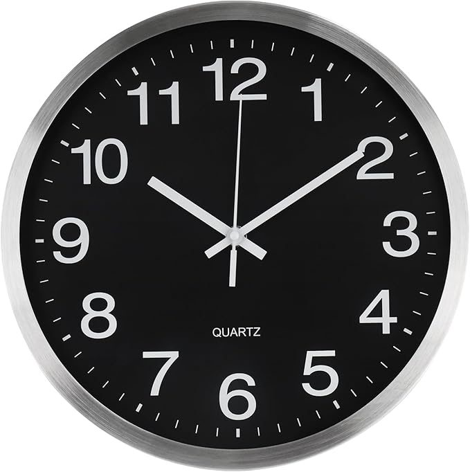 Wall Clock 12 Inch Metal Finish Silent Non Ticking Indoor Clock Round Battery Operated Stainless Steel Wall Clocks for Home, Office, Living Room (Black-Silver Brushed Finish, 12 Inch)