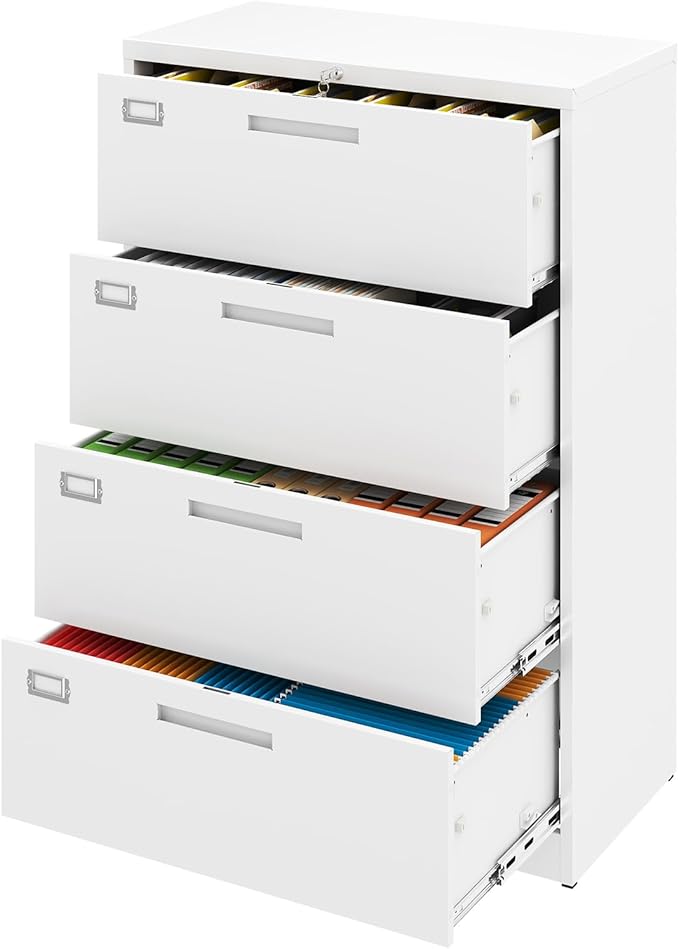 4 Drawer File Cabinet, Locking Lateral Filing Cabinet for Home Office, File Cabinets with Business Card Holder for Letter/Legal/F4/A4 Hanging Files