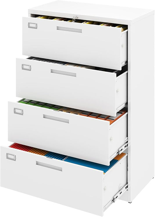 4 Drawer File Cabinet, Locking Lateral Filing Cabinet for Home Office, File Cabinets with Business Card Holder for Letter/Legal/F4/A4 Hanging Files