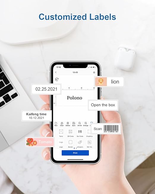 Label Maker, POLONO P10 Mini Label Printer, Portable Wireless Connection Label Maker Machine with Tape, Multiple Templates Available for Smartphone Easy to Use Office Home Organization Kitchen Storage
