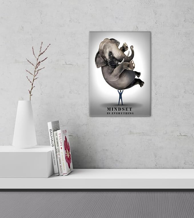 Motivational Office Wall Art – Mindset is Everything Quotes Wall Decor Businessman Lifting Elephant Canvas Print, Framed Inspirational Artwork for Living Room or Bedroom (12" x 16")