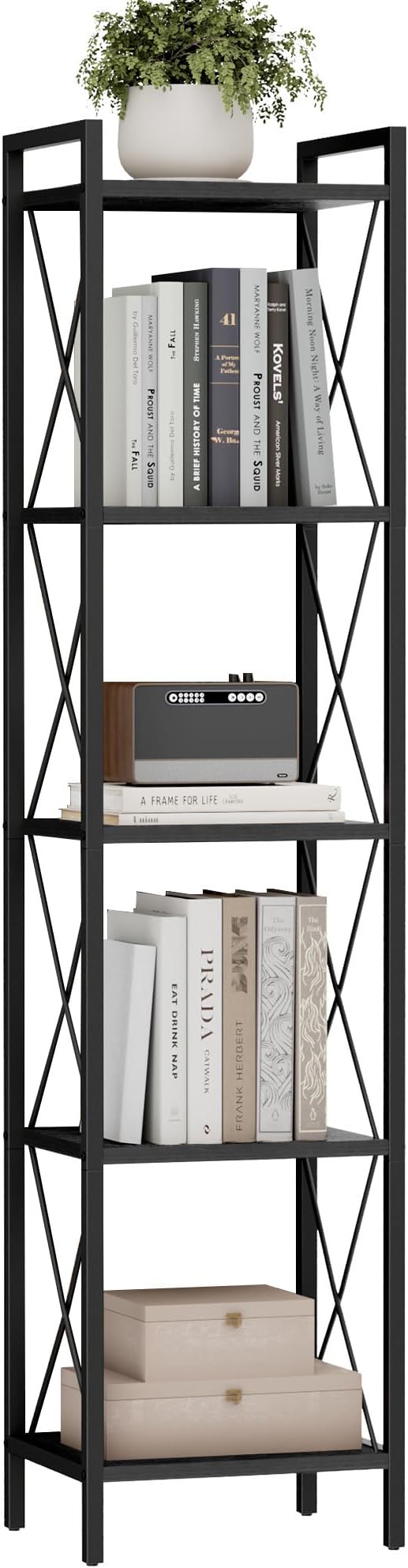 Homhedy 5 Tier Bookshelf, Tall Narrow Bookcase for Small Space, Metal Storage Book Shelf, for Home Office, Living Room, Kitchen, Bedroom, Industrial Style, 10.4" D x 13" W x 55.1" H, Black