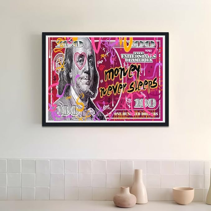 Money Wall Art Pink Dollar Money Never Sleeps Posters Inspirational Canvas Print Artwork Motivational Wall Decor Suitable for Office Living Room Decor Ready to Hang 12X16inch