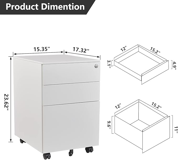 Rolling File Cabinet, 3 Drawer Locking Filing Cabinet, Under Desk Office Metal Storage Cabinet for Legal/Letter/A4 File (Fully Assembled Cabinet,White)