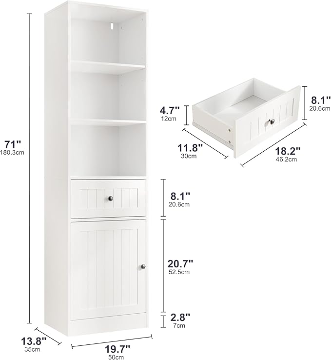 Farmhouse 71" Tall Bookshelf with Drawer, Narrow Bookcase with Adjustable Left/Right Door, Adjustable Shelf, Freestanding Display Book Shelf for Bedroom,Living Room, Office, White